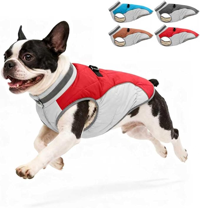 Dog Coat for Small Dogs, Adjustable Dog Jackets for Cold Weather, Reflective Winter Coat with Built-in Harness, Snowsuit Fits Dogs 5-8 lbs and Up, Size XS Red