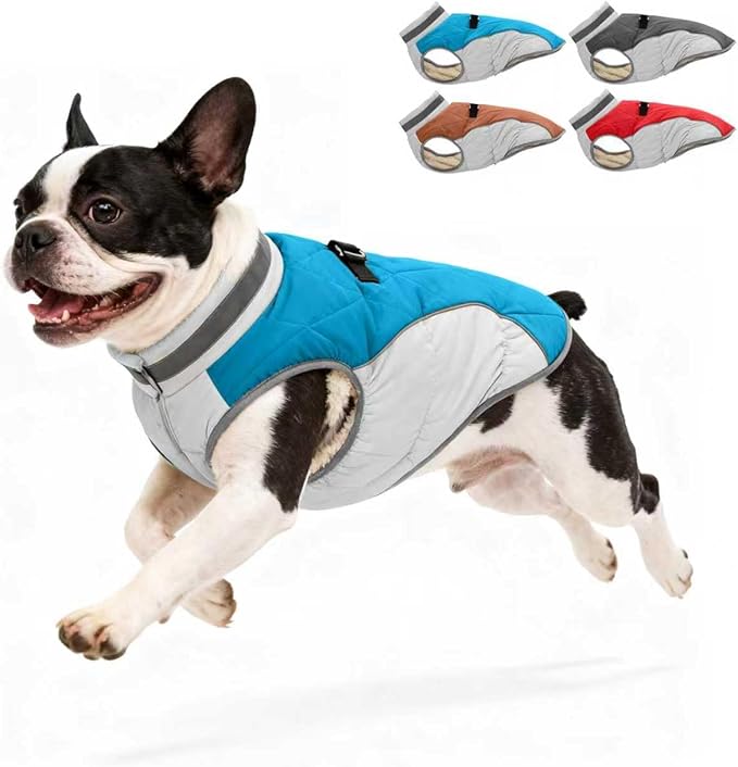 Dog Coat for Small Dogs, Adjustable Dog Jackets for Cold Weather, Reflective Winter Coat with Built-in Harness, Snowsuit Fits Dogs 5-8 lbs and Up, Size XS Blue