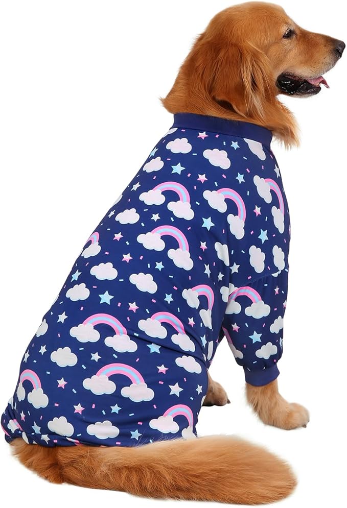 HDE Dog Pajamas One Piece Jammies Jumpsuit Pet Clothes Outfit Stretchy Lightweight Comfy Shirt Pjs for M-3XL Dogs Rainbows - 3XL