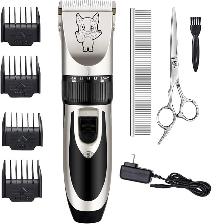 Dog Grooming Kit Clippers, Low Noise, Electric Quiet, Rechargeable, Cordless, Pet Hair Thick Coats Clippers Trimmers Set, Suitable for Dogs, Cats, and Other Pets (Silver)