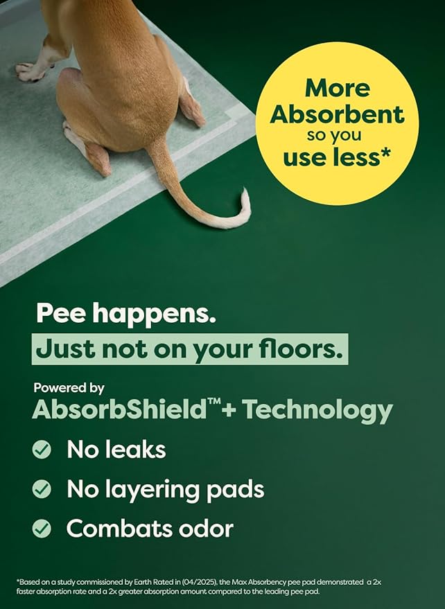 Earth Rated Max Absorbency Puppy Pee Pads for Dogs Absorbs 2X Faster & 2X More, Leak-Proof, Odor Control Potty Training, Unscented, Large, 22” x 23”, 40 Count