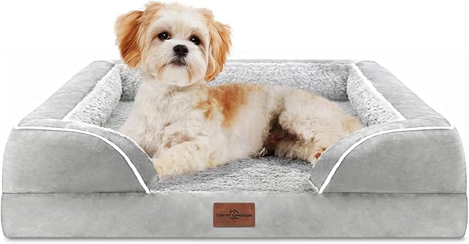 Comfort Expression Orthopedic Dog Bed for Medium Dogs 28x19 Inch, Waterproof Egg Crate Foam Medium Pet Bed with Removable Bolsters, Dog Couch with Washable Cover & Non-Slip Bottom, Grey White