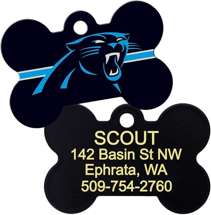 GoTags Personalized Carolina Panthers Dog Tag, Brass Metal Bone Shape Pet ID Tag Engraved with Name and Custom Text, Every NFL Football Team Pet Apparel (Large)