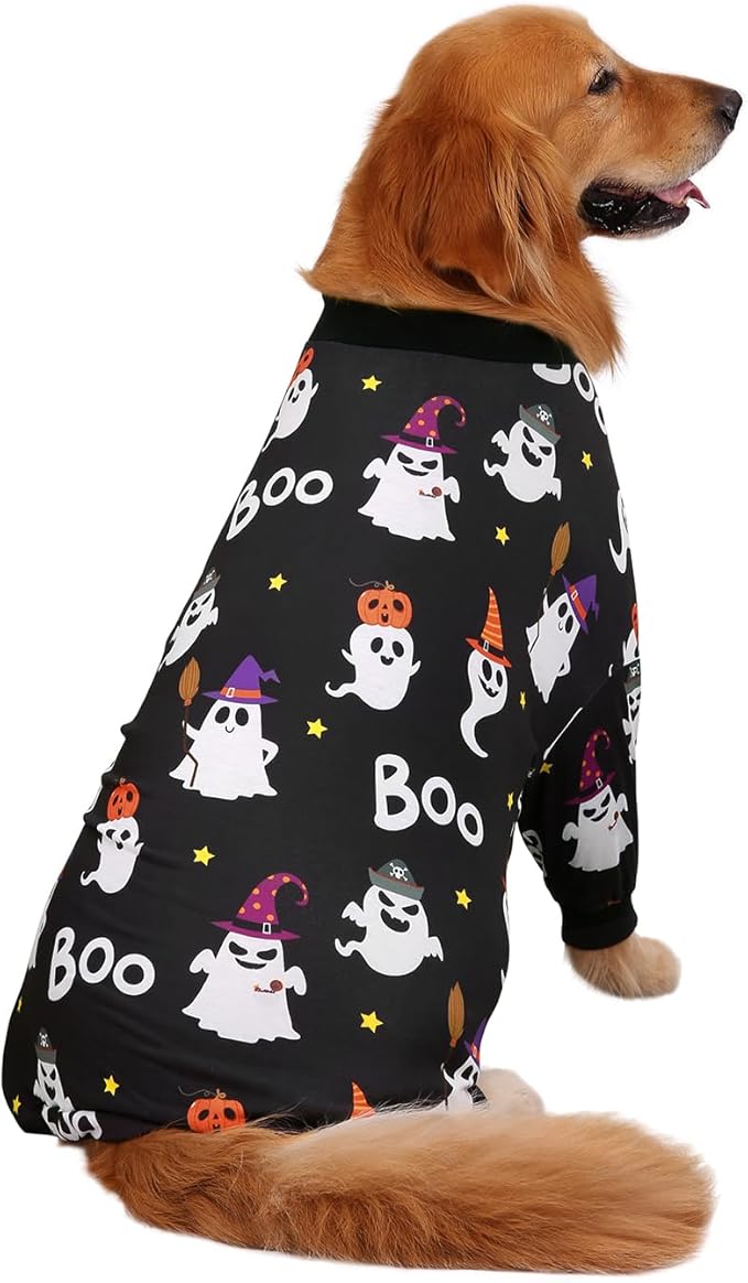 HDE Dog Pajamas One Piece Jammies Jumpsuit Pet Clothes Outfit Stretchy Lightweight Comfy Shirt Pjs for M-3XL Dogs Cute Ghosts - 2XL