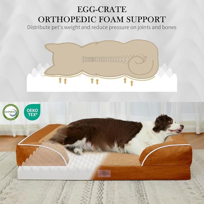 Comfort Expression Orthopedic Dog Bed for Extra Large Dogs 42x30 Inch, Waterproof Supportive Egg Crate Foam XL Pet Bed with Removable Bolsters, Dog Couch with Washable Cover & Non-Slip Bottom, Orange