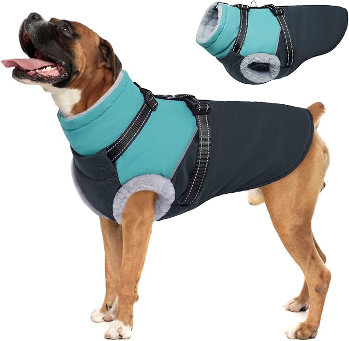 Dog Coat with Harness Built, Dog Winter Jacket with Zipper Closure, Warm Pet Fleece Puffer Coat with Reflective Strips & Furry Collar, Waterproof Snowsuit for Medium Large Dogs - Green XXL