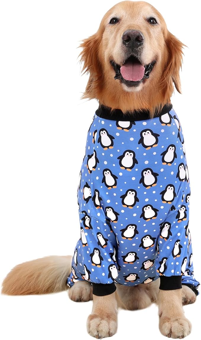 HDE Dog Pajamas One Piece Jammies Jumpsuit Pet Clothes Outfit Stretchy Lightweight Comfy Shirt Pjs for M-3XL Dogs Penguin Polka Dots - 3XL