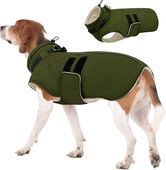 IECOii Winter Dog Coats for Large Dogs, Dog Snow Jacket with Built in Collar & Reflective Strips, Warm Windproof Fleece Dogs Jacket for Cold Weather, Adjustable Easy On Pet Snowsuit, Army Green - XL