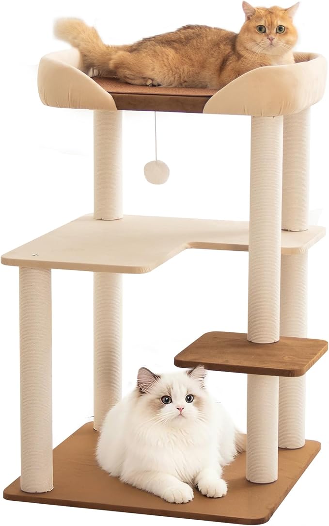 LULUCAT Modern Cat Tree for Large Cats, 37.5-Inch Tall Cat Tree Tower with Wide Shelves Low Step Cotton Scratching Posts, Super Sturdy Base, Cozy Perches, and Interactive Toys for Indoor (95cm White)