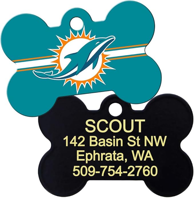 GoTags Personalized Miami Dolphins Dog Tag, Brass Metal Bone Shape Pet ID Tag Engraved with Name and Custom Text, Every NFL Football Team Pet Apparel (Large)