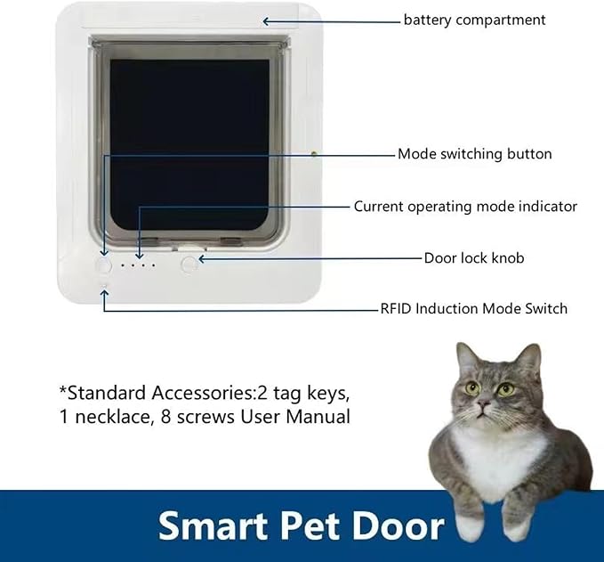 Smart Cat Door, Automatic Sensing Collar Activated Pet Door with Two Way Entry for Indoor Outdoor Cats, Durable Plastic Easy Installation
