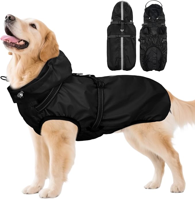Dog Raincoat For Extra Large Dogs With Hood, Waterproof Dog Rain Jacket with Adjustable Built-in Harness & Back Zipper, Reflective Strip, Removable Hood,for Rainy Walks, Muddy Roads - Black 4XL