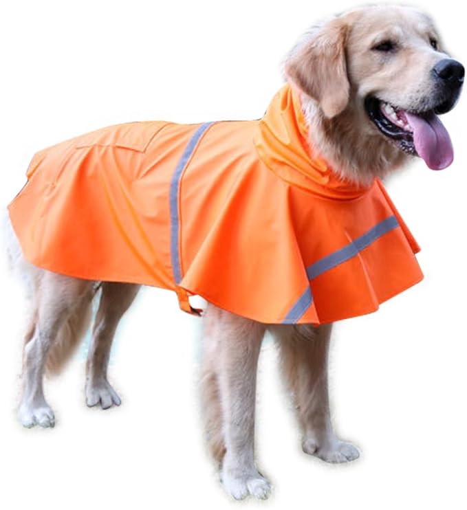 NACOCO Large Dog Raincoat Adjustable Pet Water Proof Clothes Lightweight Rain Jacket Poncho Hoodies with Strip Reflective (M, Orange)