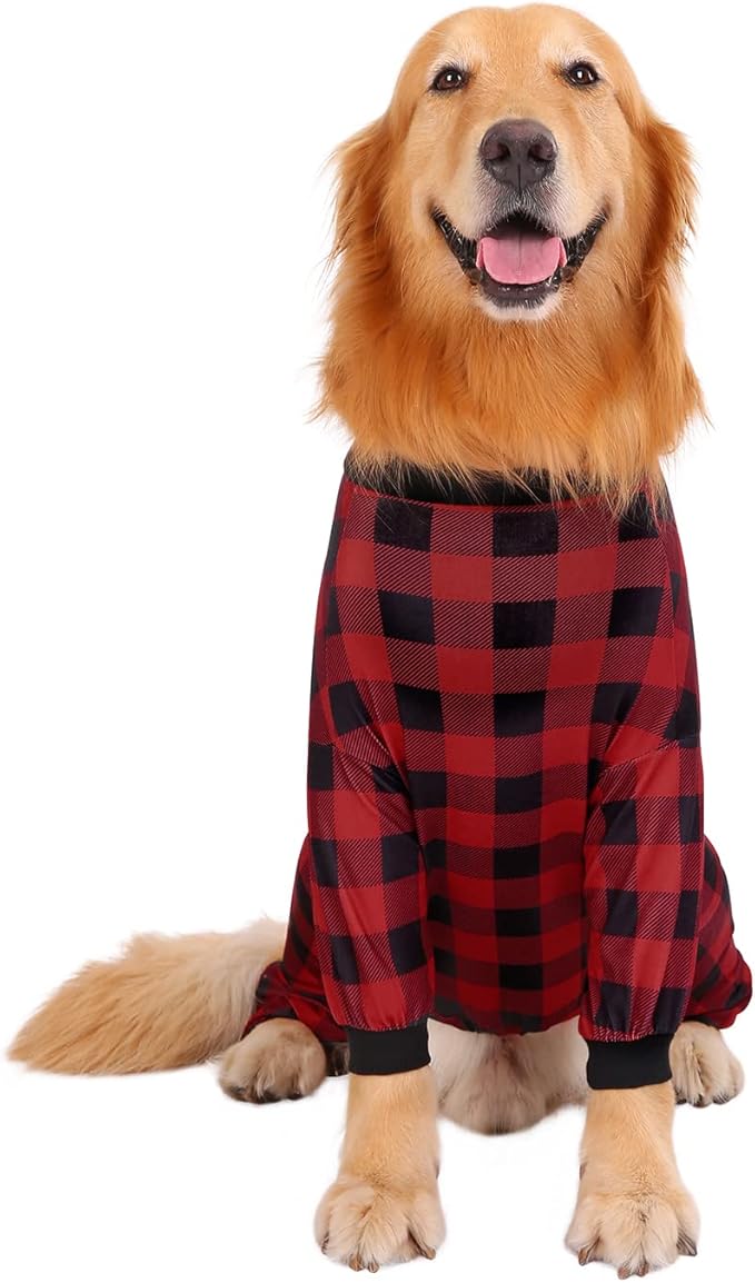 HDE Dog Pajamas One Piece Jammies Jumpsuit Pet Clothes Outfit Stretchy Lightweight Comfy Shirt Pjs for M-3XL Dogs Buffalo Plaid - XL