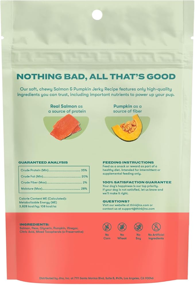 Jinx Tenders Salmon Jerky Dog Treats, All-Natural Ingredients, Soft and Chewy, Low-Calorie, Slow-Smoked Salmon & Pumpkin, No Fillers, 5oz