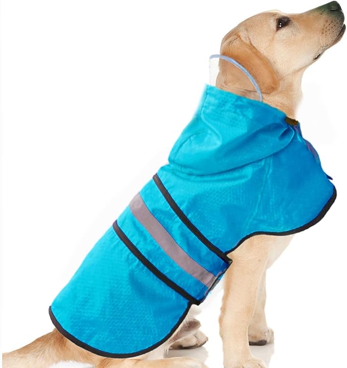 Dog Raincoat Waterproof Reflective Slicker - Lightweight Breathable Hooded Poncho Rain Coat Jacket with Adjustable Belly Strap and Leash Hole for Small Medium Large Dogs (Medium, Blue)