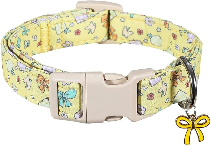 Small Dog Collar with Cute Bowtie Print, Girl Dog Collar for Puppy, Extra Small & Small Dogs, Spring Summer Yellow Puppy Collar with Pendant and Soft Fabric, XS