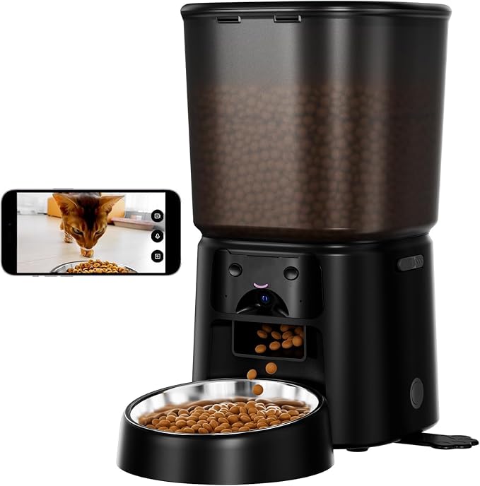 Automatic Cat Feeder with Camera, 4L WiFi Smart Pet Feeder with APP Control, 1080P HD Video,Night Vision,Voice Call, Motion Detection, Dual Power Supply, Supports 5GHz/2.4GHz,for Dogs Cats, Small-Pet