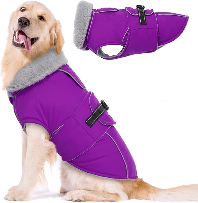 Lelepet Warm Dog Winter Coats for Large Dogs Waterproof Dog Jacket Reflective Pet Fleece Vest Windproof Cold Weather Coats with Adjustable Buckle & Leash Hole, Purple, XL