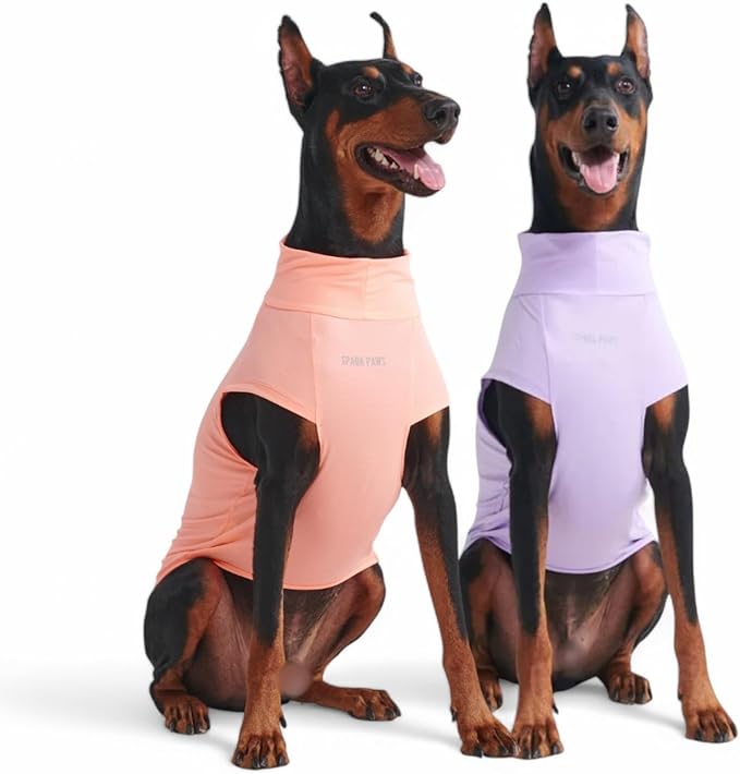 Spark Paws Sunblock Dog T-Shirt, SPF30 Protection, Lightweight Breathable Quick Dry for Dogs with Sensitive Skin - Purple & Peach (Set of 2) - 2XL
