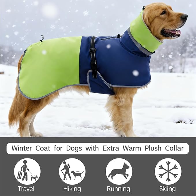 Waterproof Dog Winter Coat, Reflective Turtleneck Fleece Jacket with Snow Protection for Large Dogs, Cold Weather Pet Clothing (Green, 3XL)