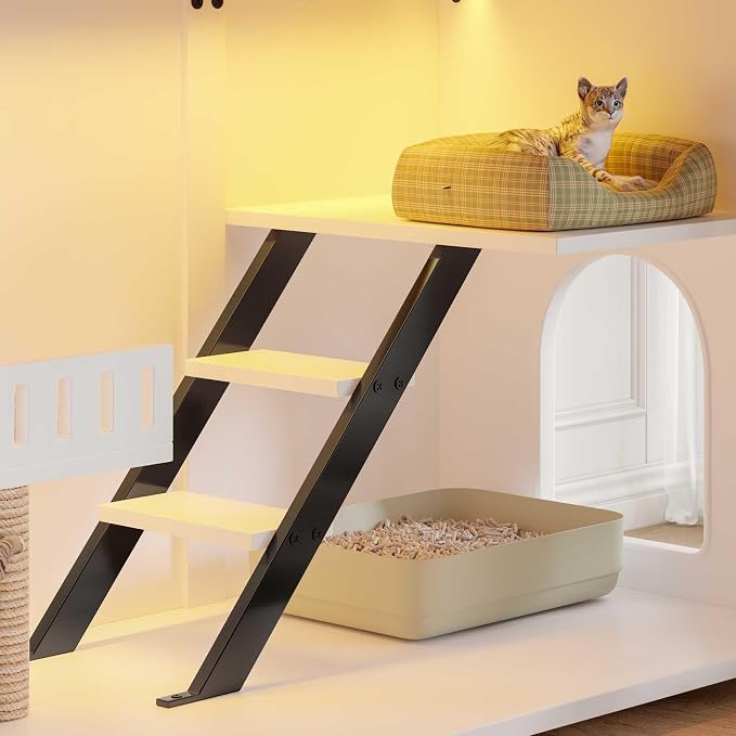 47.2" Cat Litter Box Furniture with LED, Hidden Litter Box Furniture with Storage, Enclosed Wood Cat House with Stairs & Smart Doors, Farmhouse, Suitable for Living Room Bedroom (47.2")