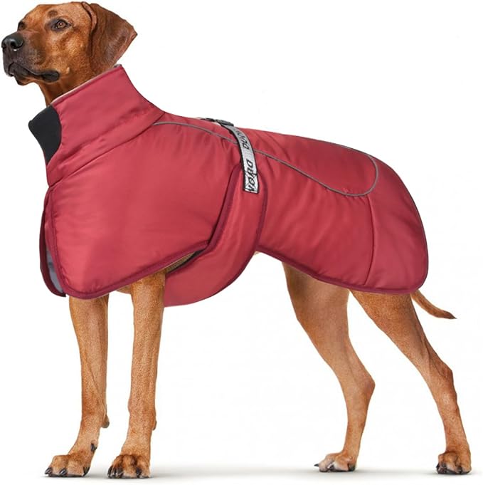 DoggieKit Dog Winter Coat, Waterproof Warm Jacket with Harness Built in, Reflective Cold Weather Doggie Vest, Windproof Turtleneck Pet Snowsuit, Adjustable Puffer Jacket for Large Dogs, Red 5XL