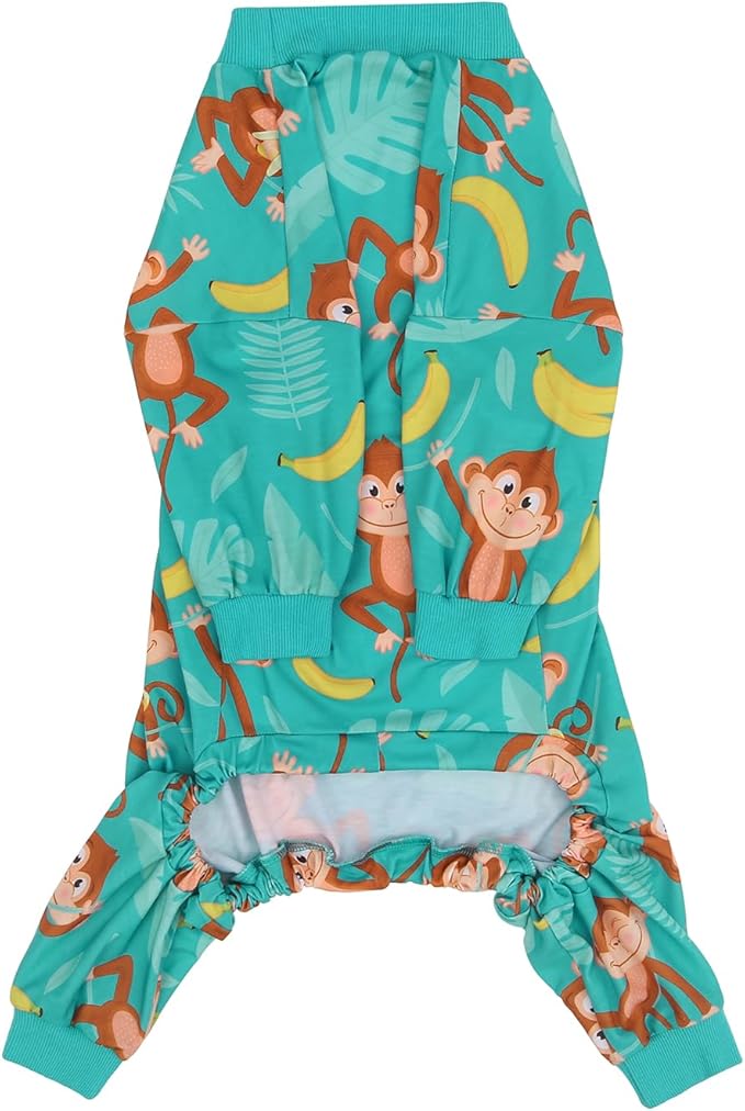 HDE Dog Pajamas One Piece Jammies Jumpsuit Pet Clothes Outfit Stretchy Lightweight Comfy Shirt Pjs for M-3XL Dogs Monkeying Around - XL