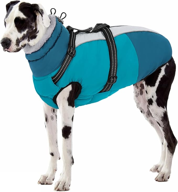 SUNFURA Dog Coat, XXXL Dog Jacket with Harness Built in, Waterproof Pet Winter Coat Snowsuit with Zip, Reflective Fleece Jacket for Extra Large Dogs, Great Dane, Turquoise 3XL