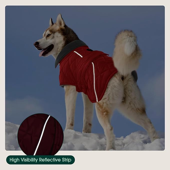 Kuoser Dog Coat, Super-Warm Dog Jacket Windproof Pet Cold Weather Coats for Extra Large Dogs, Fleece Lining Quilted Turtleneck Puppy Snowsuit Reflective Adjustable Doggie Winter Clothes, Red, 3XL