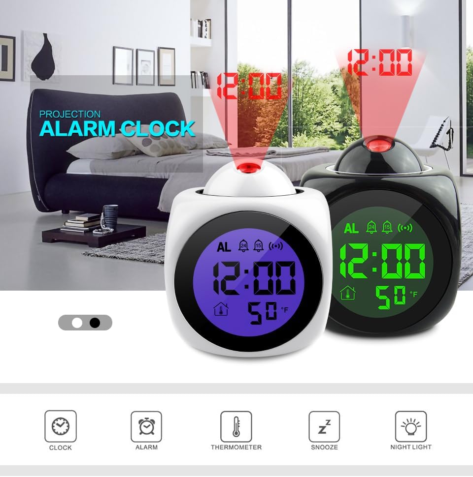 Projection Digital Children White Alarm Clock Temperature Thermometer Desk Time Date Display Table Clock Cute Corgi Dog Wizard with Magic Wand