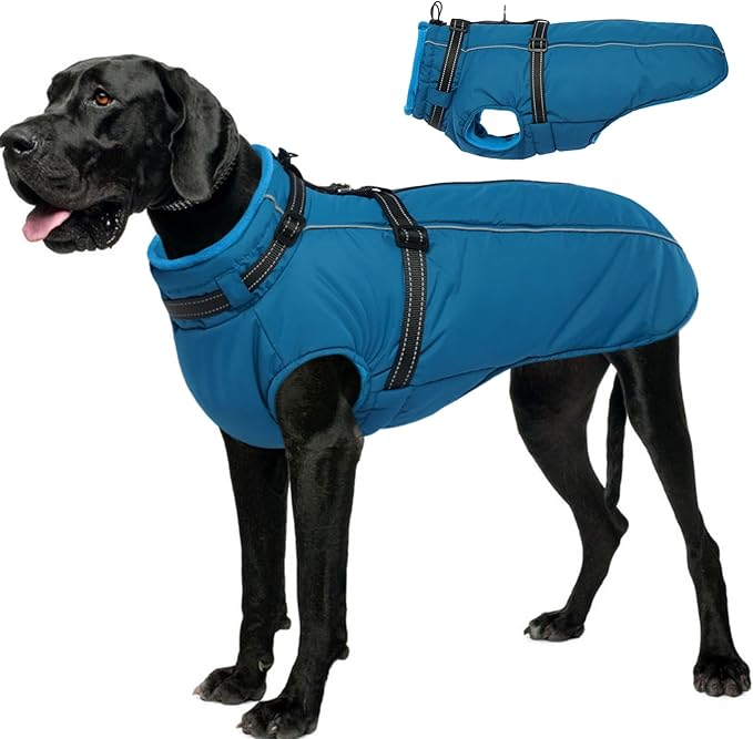 Lelepet Dog Coat with Harness Built in, Waterproof Dog Jacket for Large Dogs Reflective Windproof Winter Jacket with Zip Warm Cold Weather Coats for Dogs,Cozy Pet Snowsuit, Great Dane, Blue, XXXL