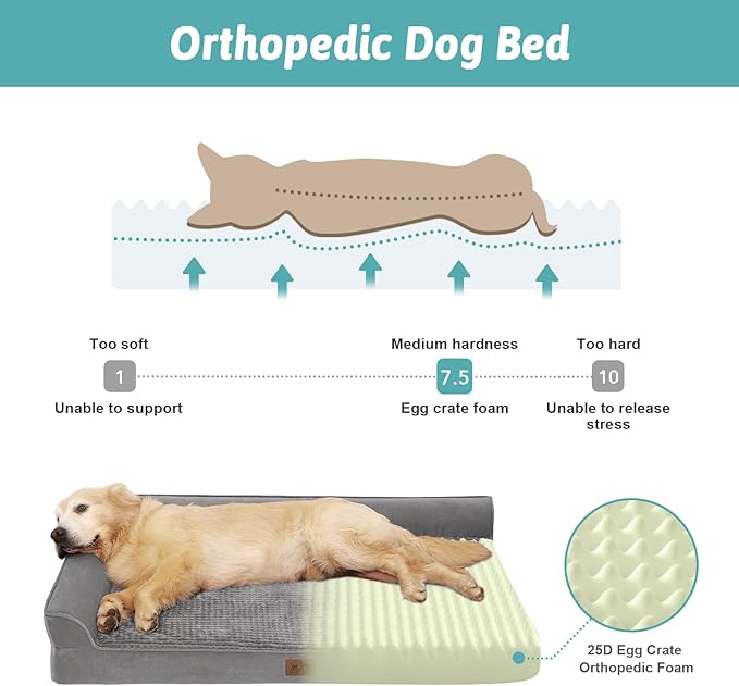 COZY KISS Orthopedic Dog Bed for Large Medium Size Dog, Dogs Crate Bed, L Shaped Foam Anti-Slip Bottom Pet Cat Sofa with Washable Removable Cover, Suitable for Pet Up to 75 lbs, 36x27x7.5 inch, Grey