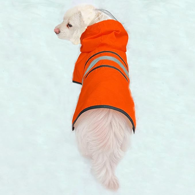 Dog Raincoat Waterproof Reflective Slicker - Lightweight Breathable Hooded Poncho Rain Coat Jacket with Adjustable Belly Strap and Leash Hole for Small Medium Large Dogs (Large, Orange)