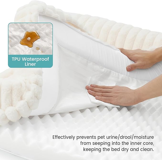 COZY KISS Cute Dog Bed for Extra Large Dogs, Faux Rabbit Fur Orthopedic Foam Dog Bed with Sides, Removable Washable Cover & Waterproof Lining, Comfortable Pet Couch, Cream (48" L x 35" W x 7.5" Th)