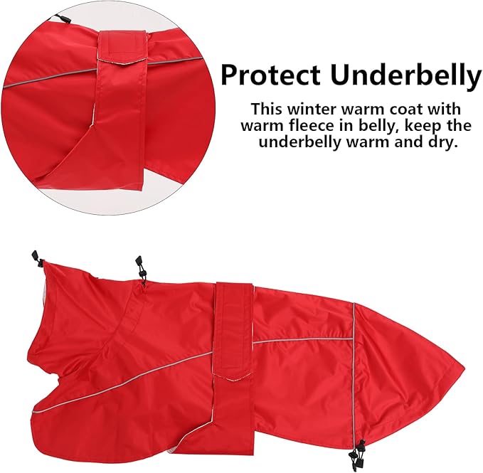 Greyhound Lurcher Raincoat, Whippet Rain Gear with Reflective Bar, Rain/Waterproof, Adjustable Bands and Drawstring in Autumn and Winter - Red - XXL