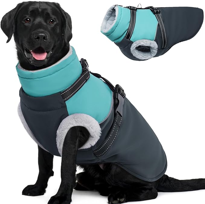 Dog Coat with Harness Built, Dog Winter Jacket with Zipper Closure, Warm Pet Fleece Puffer Coat with Reflective Strips & Furry Collar, Waterproof Snowsuit for Medium Large Dogs - Green XL