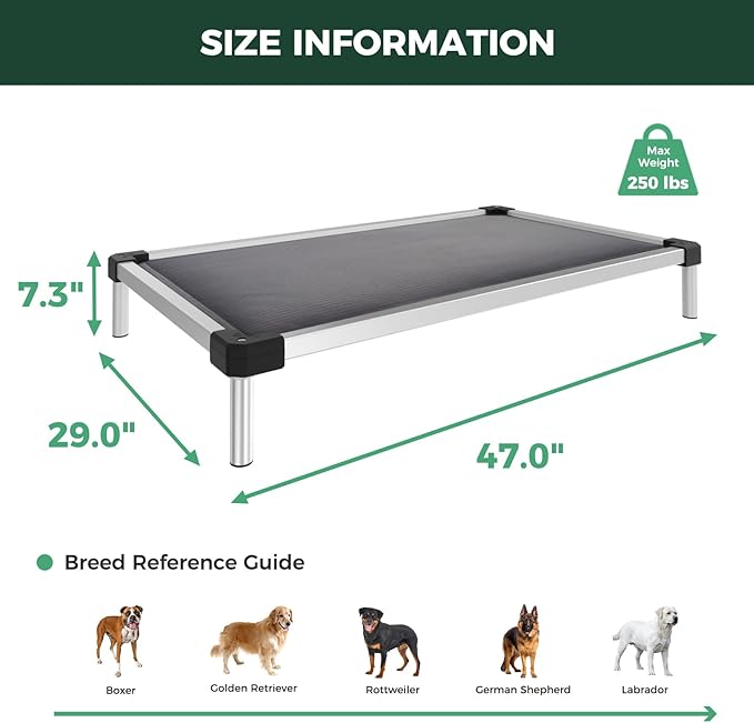 FXW TitanNest Chew-Proof Elevated Dog Bed, Raised Cot for Indoor/Outdoor/Camping Use, Durable & Washable Padded Pet Bed for Large Dogs, 47.0" L x 29.0" W x 7.3" H, Gray