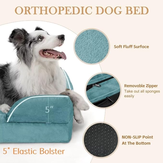 Comfort Expression Orthopedic Dog Bed for Extra Large Dogs 42x30 Inch, Waterproof Egg Crate Foam XL Pet Bed with Removable Bolsters, Dog Couch with Washable Cover & Non-Slip Bottom, Washed Blue