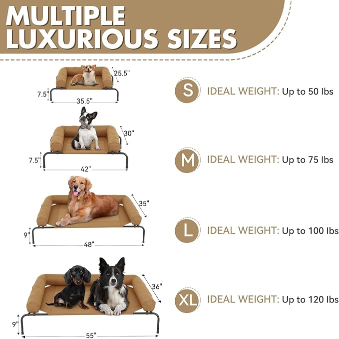 Athena Collection Outdoor Elevated Dog Bed with Removable Bolsters, 55 Inches Raised Dog Cot Washable with Metal Frame Non-Slip Feet for Large Size Dog, Brown