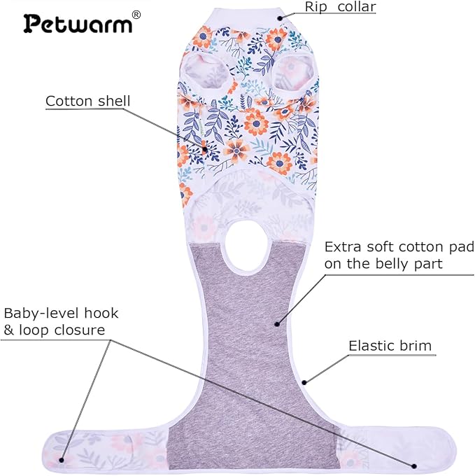 PetWarm Post Surgery Dog Onesie Female, Onesies for Dogs, Bodysuit for Abdominal Affected Areas Sensitive Skin Areas, Dog Cone Alternative After Surgery, Flower Pattern, Orange, 2XL