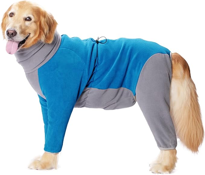Dog Winter Coat for Large Medium Small Dogs, Warm Fleece High Collar Full Body Dog Jumpsuit Comfortable Onesie Apparel (Blue, 4X-Large)
