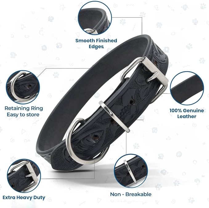 TARICO Genuine Leather Dog Collar with Engraved Floral Design for All Breeds, Heavy Duty Durable Metal Buckle Non Padded Adjustable Pet Collar - Black (Medium: Fits 15–19" Necks)
