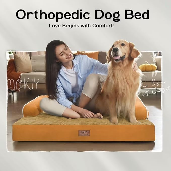Large Dog Bed Orthopedic Washable, Dog Beds for Large Dogs, Washable Cover Removable Bolster and Non-Slip Bottom Jumbo Orthopedic Orange Dogs Beds, XXLarge Extra Large Pets