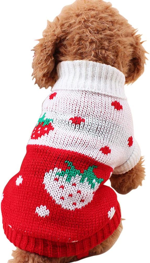 CHBORCHICEN Pet Dog Sweaters Classic Knitwear Turtleneck Winter Warm Puppy Clothing Cute Strawberry and Heart Doggie Sweater (Red1, Small)