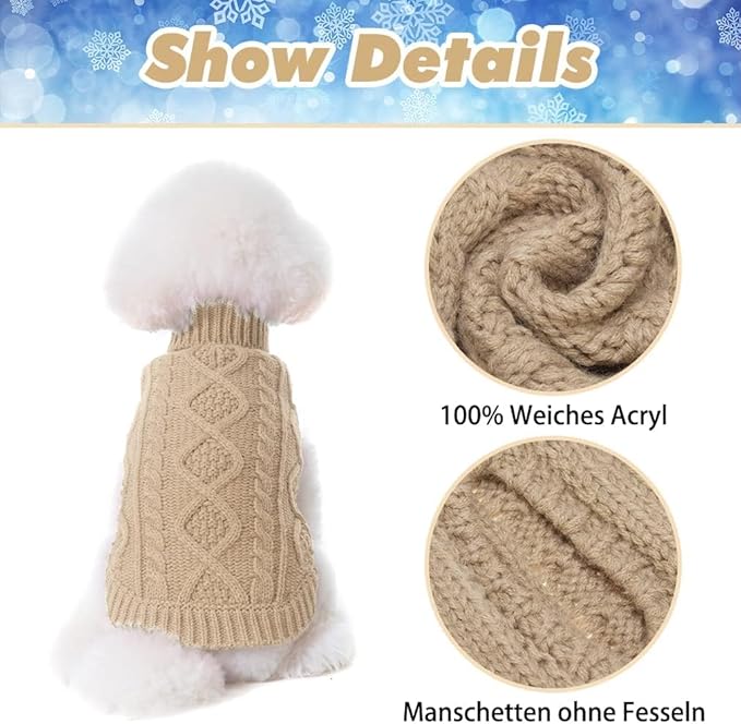 BINGPET Thermal Knitted Dog Sweater for Small Medium Large Dogs,Winter Dog Cat Coat Warm Sweartershirts Outfits,Classic Cable Knit Turtleneck Pullover Dog Jumper Coat Warm Sweartershirts