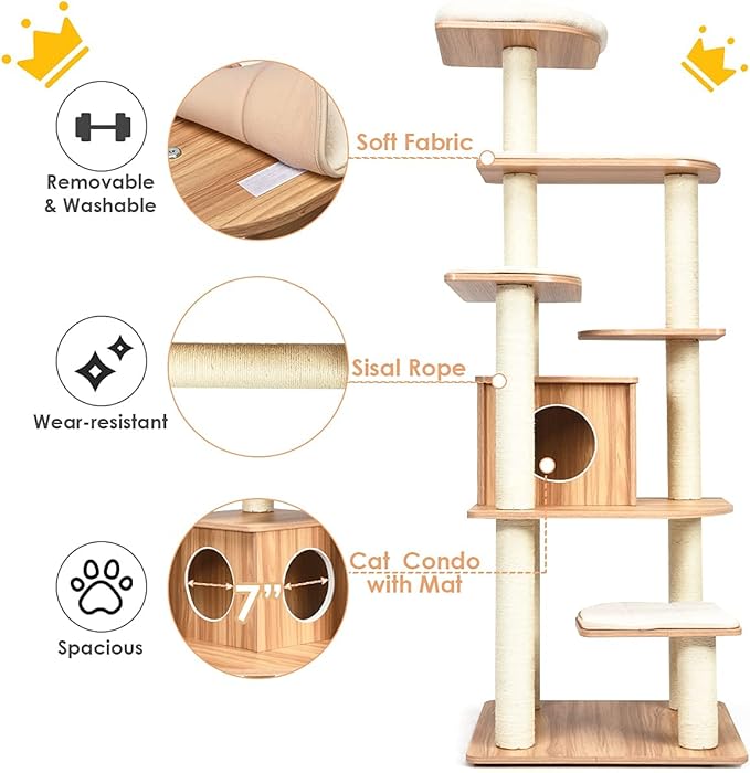 Tangkula Tall Cat Tree, 69-Inch Modern Cat Tower with Sisal Rope Scratching Posts, Wood Cat Tree with Multi-Layer Platform, Cat Condo Furniture with Washable Cushions for Indoor Cats Large Adult