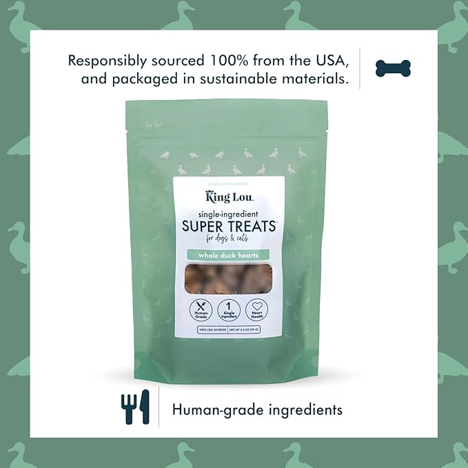King Lou Pets - Whole Duck Hearts for Dogs and Cats - USA-Made Freeze Dried Duck Hearts - Taurine, Zinc, and Iron - 1lb Prior to Freeze Drying