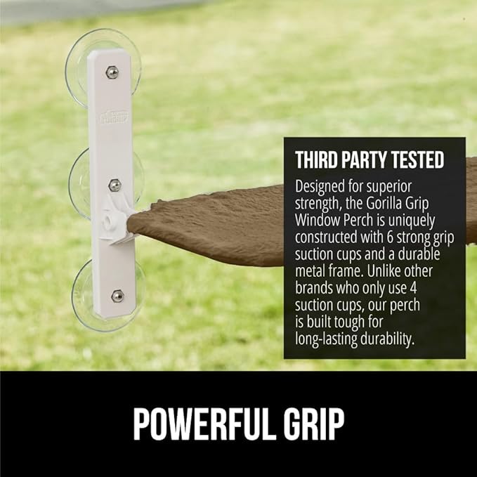 GORILLA GRIP Cat Window Perch, Foldable Cat Window Hammock Bed with 6 Large Suction Cups, Cordless Indoor Wall Shelves, Strong Metal Frame Holds 30lbs, Reversible Washable Sherpa Cover, Medium Brown
