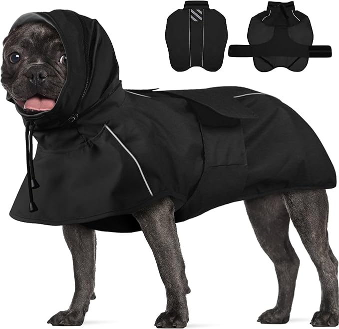Dog Raincoat, Waterproof Dog Rain Jacket with Convertible Hood/Collar, Adjustable Belly-Protect Rain Coat for Meidum Dogs Poncho Reflective (Black, M)